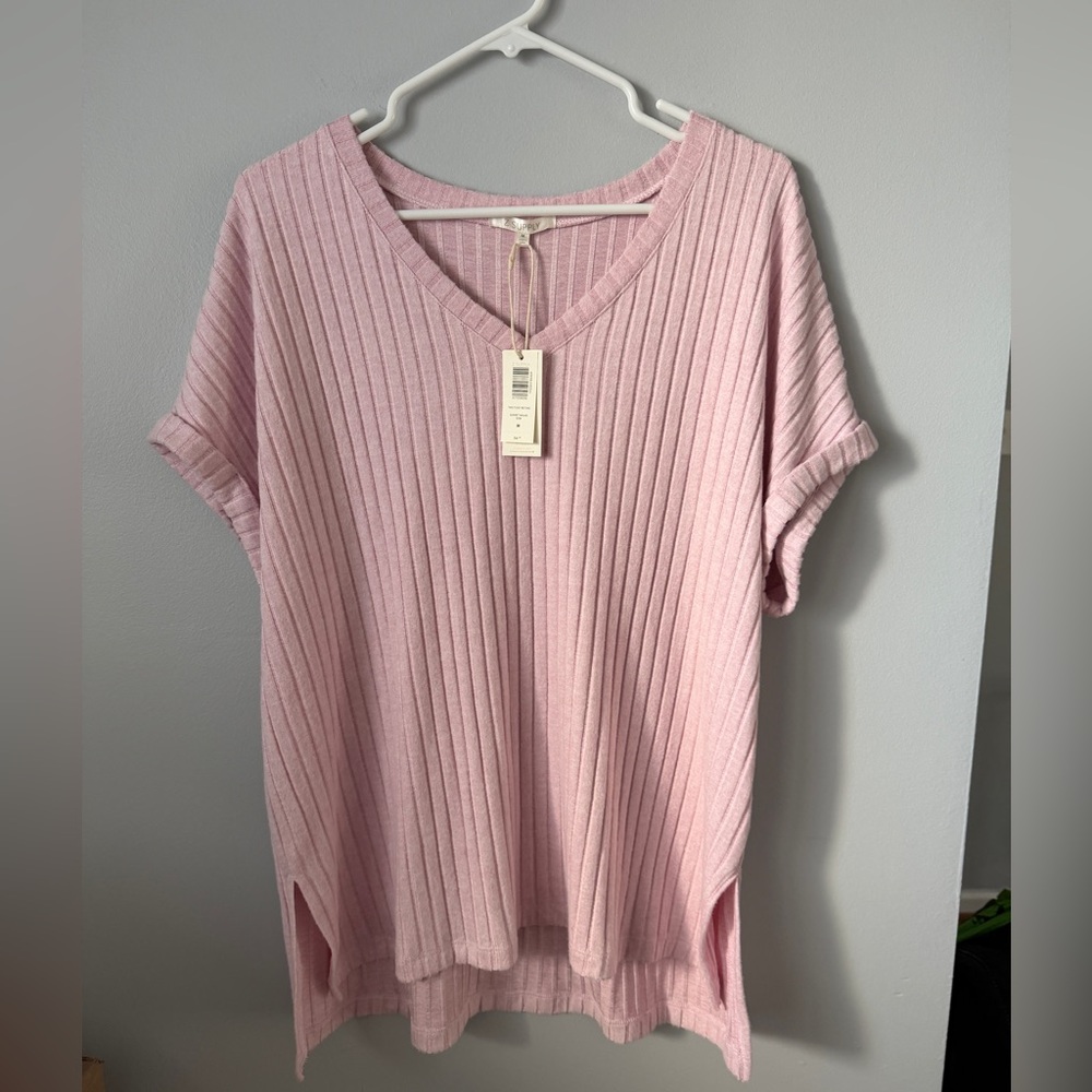 Z Supply Light Pink Ribbed V-Neck Tee